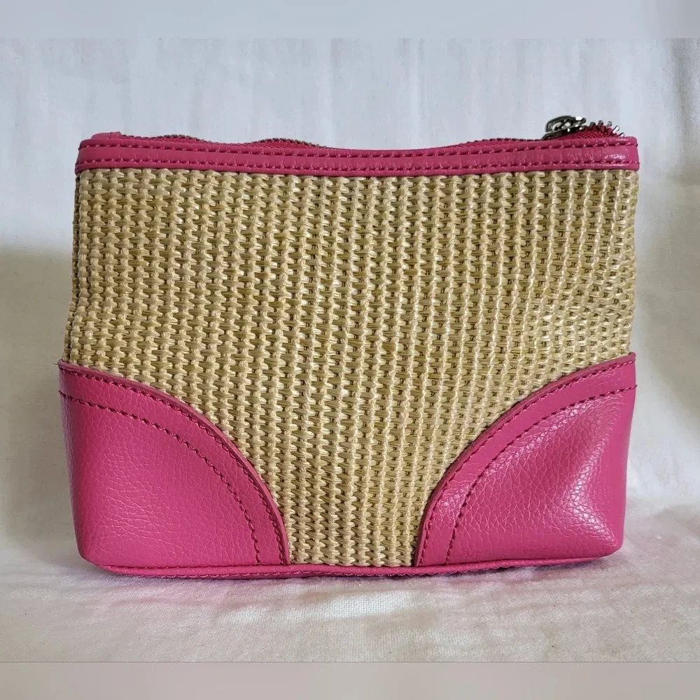 Bath & Body Works Hot Pink Raffia/Straw Zippered Cosmetic/Travel Bag